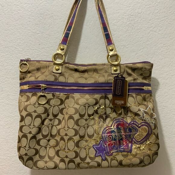 Coach Poppy Tartan Plaid Glam 15882 Shoulder Handbag Tote - Tan Purple Gold - Picture 5 of 16
